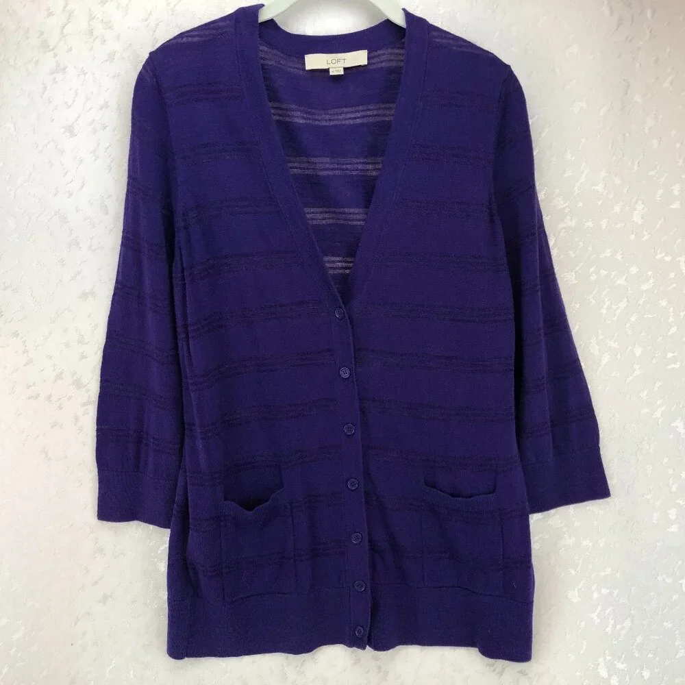 Ann Taylor LOFT Long Sleeve Purple Striped Cardigan Sweater Size XL